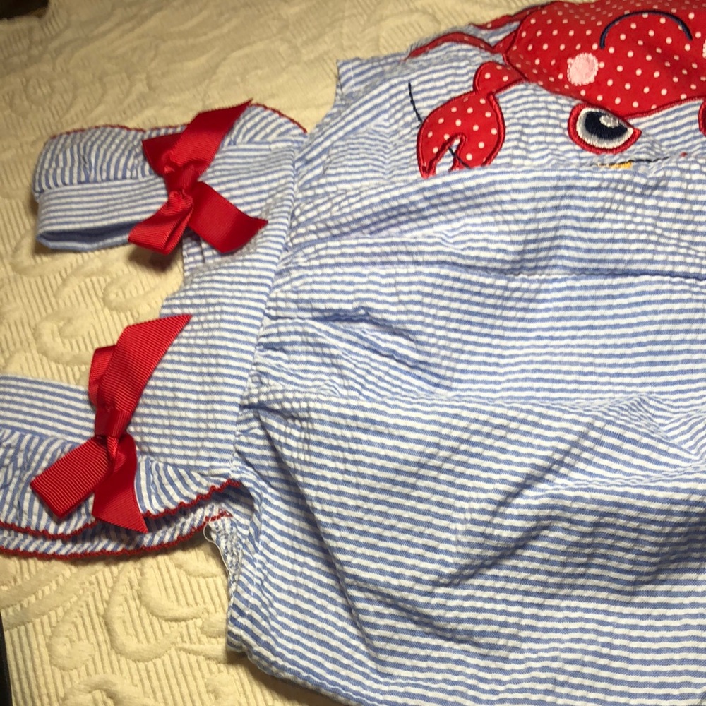 Goodlad crepe baby Blue and White Striped crepe one piece with Red Crab Design